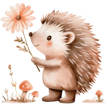 Woodland hedgehog with pin flower, watercolor cute animal illustration
