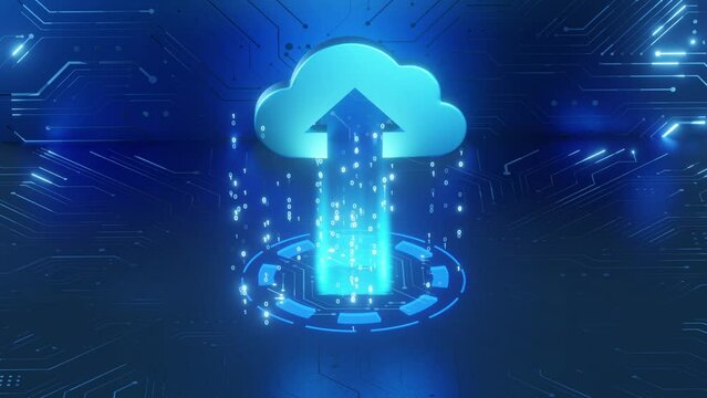 A digital cloud icon with binary code streams representing data upload and cloud computing technology in a futuristic setting.