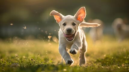 Labrador puppy joyfully playing in sunlit green field, tongue out, basking in warmth