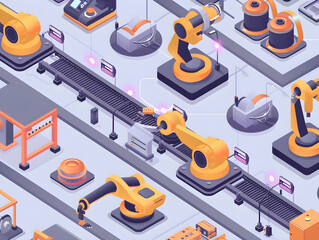 A futuristic factory featuring advanced robotics and automation in a smart manufacturing setting.