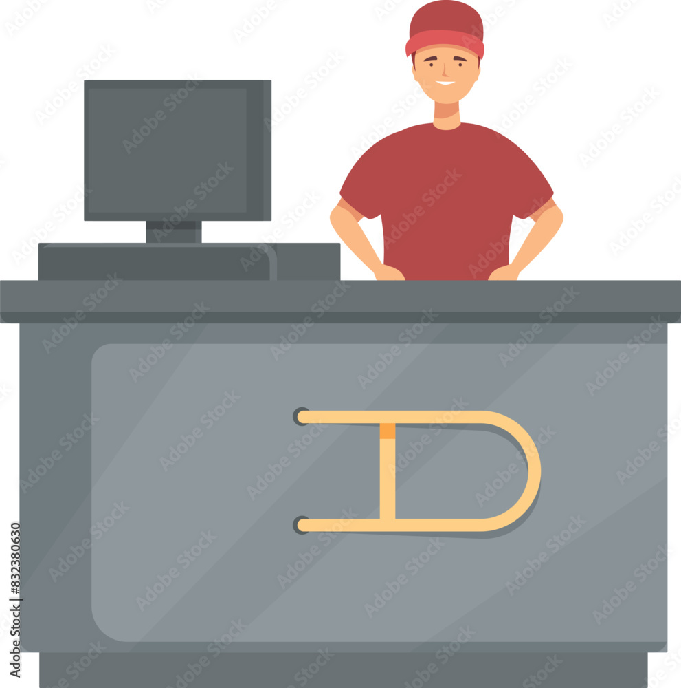 Poster vector of a young man with cap standing at an info counter with computer