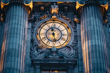 Clock in front of a central bank building, hands showing 5 minutes to midnight