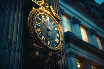 Clock in front of a central bank building, hands showing 5 minutes to midnight, symbolizing crisis