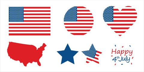 4th July USA Independence day celebration. Vector Illustration. Collection set of American flag 