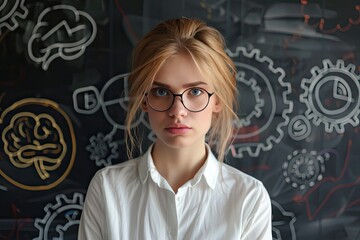 a image of a woman with glasses standing in front of a chalkboard