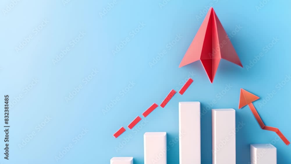Poster a red paper airplane soars above a bar chart in this conceptual image showcasing growth and progress
