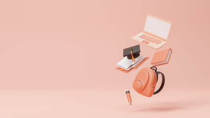 Time to school. Back to school concept, 3d design of school supplies in cartoon minimal style. Advertising of educational institutions. Education and pupils learning items. Creative idea. 3d rendering