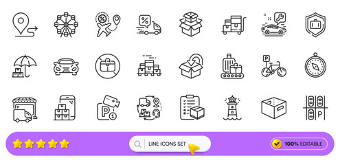 Travel compass, Parking place and Car line icons for web app. Pack of No handbag, Luggage protect, Delivery discount pictogram icons. Car service, Parcel checklist, Lighthouse signs. Vector