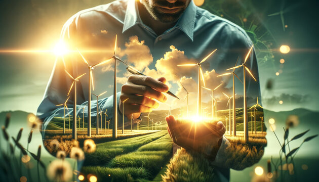 A man holding a glowing field of wind turbines, symbolizing renewable energy and sustainable development in an eco-friendly environment.