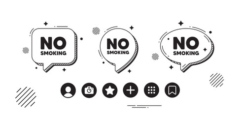 No smoking tag. Speech bubble offer icons. Stop smoke sign. Smoking ban symbol. No smoking chat text box. Social media icons. Speech bubble text balloon. Vector