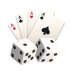 Fan of cards and two white dice. Vector illustration isolated on white background.