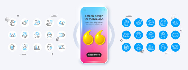 Obraz premium Restaurant app, Group and Smile line icons. Phone mockup with 3d quotation icon. Pack of Inventory, Problem skin, Leadership icon. Mental conundrum, Delivery man, Check eye pictogram. Vector