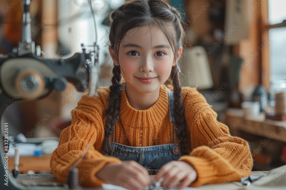 Wall mural Smiling Asian girl with braid twintails in bright orange knitted sweater sitting at a sewing table to sew cloth with a machine in her cozy home. - Wall murals