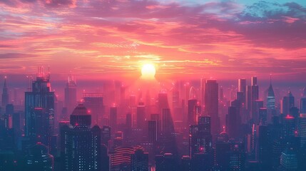 Futuristic city skyline at sunset with neon lights beginning to glow, vibrant hues, digital art, modern and hightech,