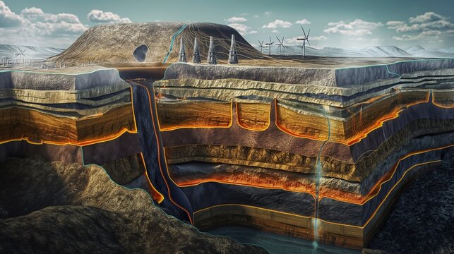 An underground cross-section illustration of geothermal heat being harnessed. The image shows layers of the Earth, with heat being transferred from hot rocks to water