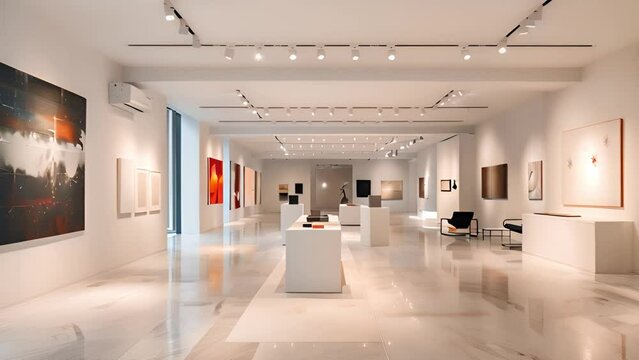 A spacious white room adorned with various paintings on the walls.