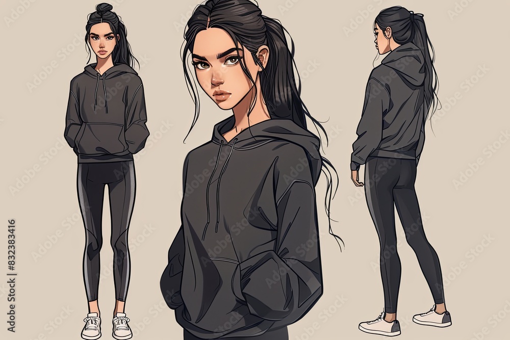 Sticker Portrait Set of a Young Woman in an Athleisure Hoodie and Leggings