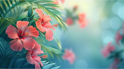 copy space of hibiscus flowers in the corner over soft blur background