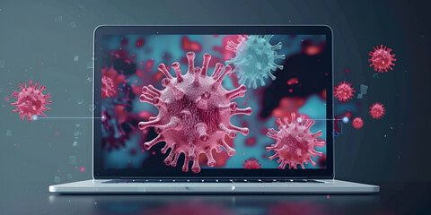 Lapopt computer infected with red and blue viruses or germs background
