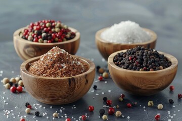 Variety of high quality spices and seasonings in wooden bowls on dark background