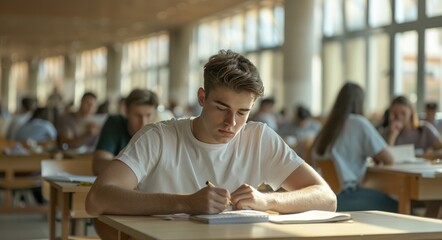 high school or university student holding pencil writing on paper answer sheet taking final exam attending in examination room or classroom