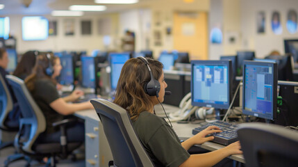 Busy Call Center with Customer Service Representatives in Professional Environment