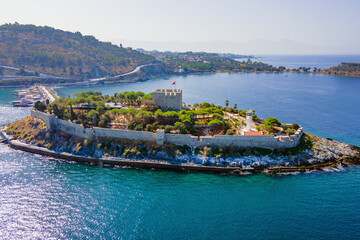 Pigeon Island with a Pirate castle in Kusadasi, Aegean coast of Turkey. Aerial view