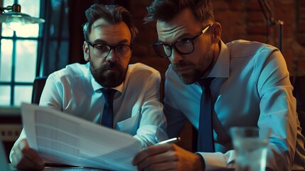 Couple businessmen reviewing documents with focused expressions. - Powered by Adobe