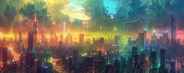 Naklejka premium Futuristic cityscape with towering buildings and flying vehicles, neon colors, digital art, dynamic and hightech,
