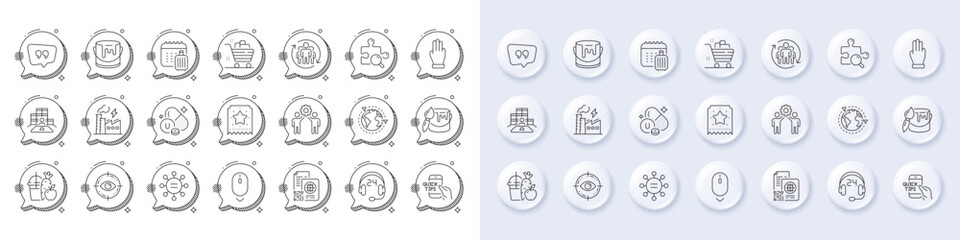 Obraz premium Eye target, Scroll down and Three fingers line icons. White pin 3d buttons, chat bubbles icons. Pack of Education, Search puzzle, Grocery basket icon. Vector