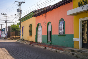 Izalco, Sonsonate El Salvador. February 25, 2024. Typical architecture of the city of Izalco. Houses with contrasting colors.