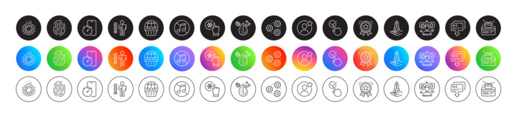 No music, Gears and Best friend line icons. Round icon gradient buttons. Pack of Loyalty award, Online shopping, Social media icon. Freezing click, Voting ballot, Timer app pictogram. Vector