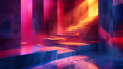 Abstract geometric shapes illuminated with purple and ultraviolet light on a futuristic stage