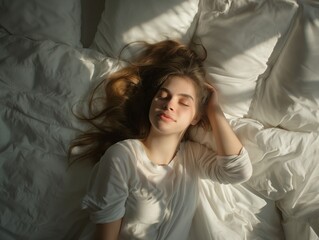 Naklejka premium beautiful girl sleeps in the bedroom, smiling woman sleeping in her bed