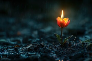 A single red flower with a lit candle in the center - Powered by Adobe