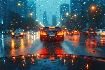A blurry image of a city street with cars and a car in the foreground