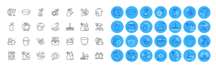 Washing machine, Dishwasher and Glass line icons pack. Wash t-shirt, Wash hands, Hand sanitizer web icon. Bucket with mop, Hand washing, Dont touch pictogram. Toilet paper. Color icon buttons. Vector