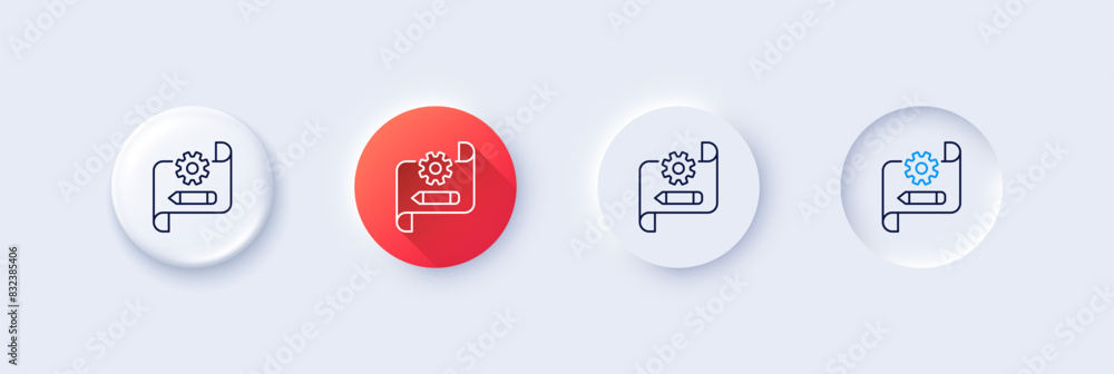 Poster cogwheel blueprint line icon. neumorphic, red gradient, 3d pin buttons. engineering tool sign. edit 