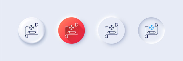 Cogwheel blueprint line icon. Neumorphic, Red gradient, 3d pin buttons. Engineering tool sign. Edit settings symbol. Line icons. Neumorphic buttons with outline signs. Vector