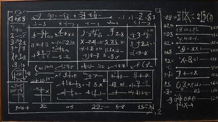 A blackboard adorned with mathematical and scientific equations and formulas written in chalk.