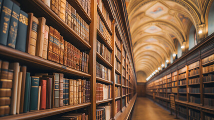 Obraz premium An elegant library hallway with a high ceiling features ornate architecture and a sophisticated collection of books in shelves