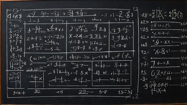 A blackboard adorned with mathematical and scientific equations and formulas written in chalk.