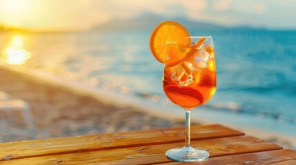 Aperol spritz drink with orange garnish displayed on a wooden table at the beach Room for adding text - Powered by Adobe