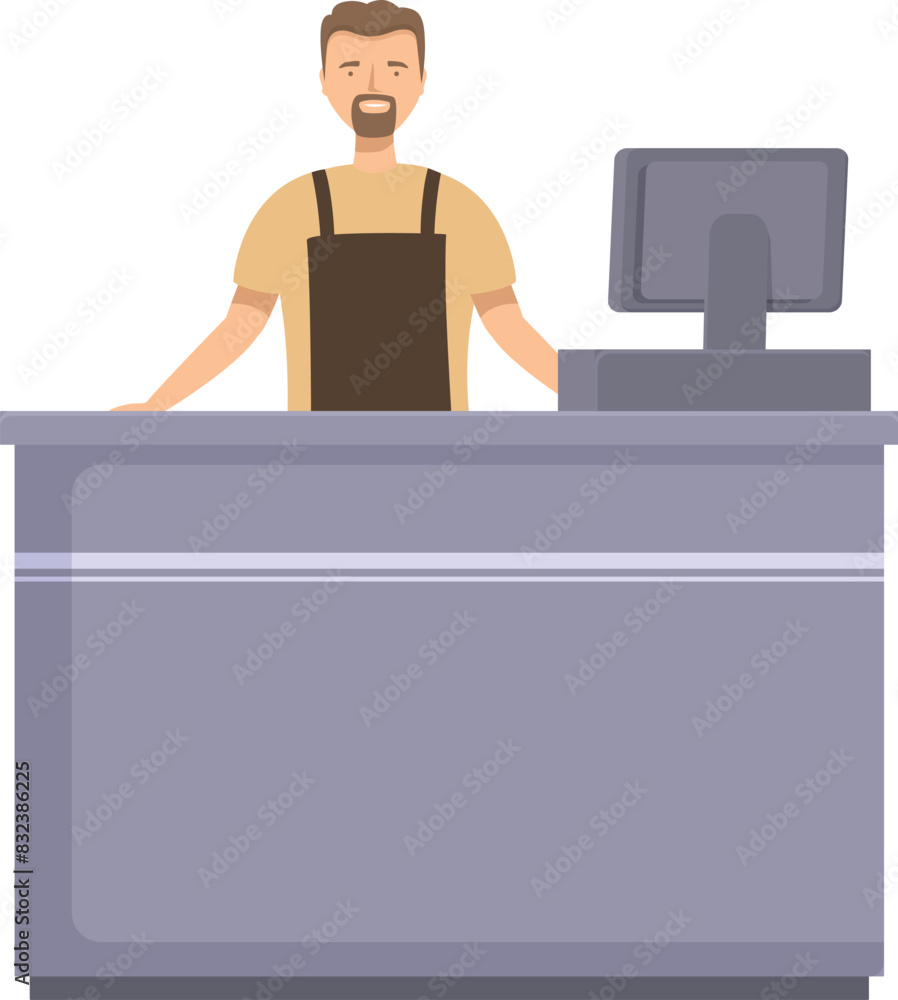 Poster smiling male cashier with beard standing at the store checkout counter with computer register