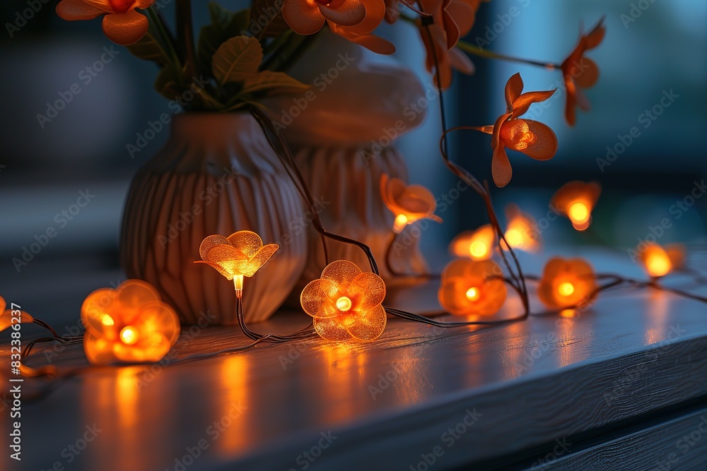 Poster a vase of flowers sits on a table with a string of lights