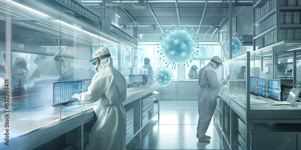 Poster scientists in a futuristic lab analyzing holographic virus models enhancing the modern biomedical re
