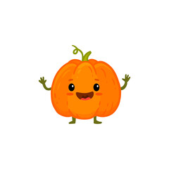 Cute cartoon pumpkin. Halloween pumpkin with a smile. Funny vegetable character isolated on white background. Doodle style. Flat.