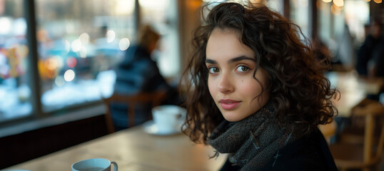Portrait of a woman in a cafe, brown and curly hair