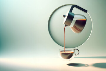 a coffee pot suspended in mid-air, tilted at an angle, and pouring coffee into a cup below it.