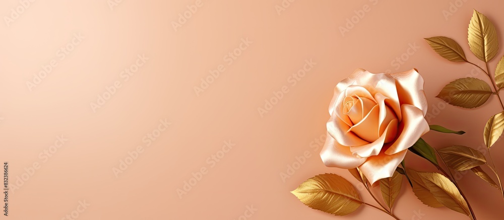 Poster greeting card template top view flat lay with copy space gold rose with golden leaves on pink backgr